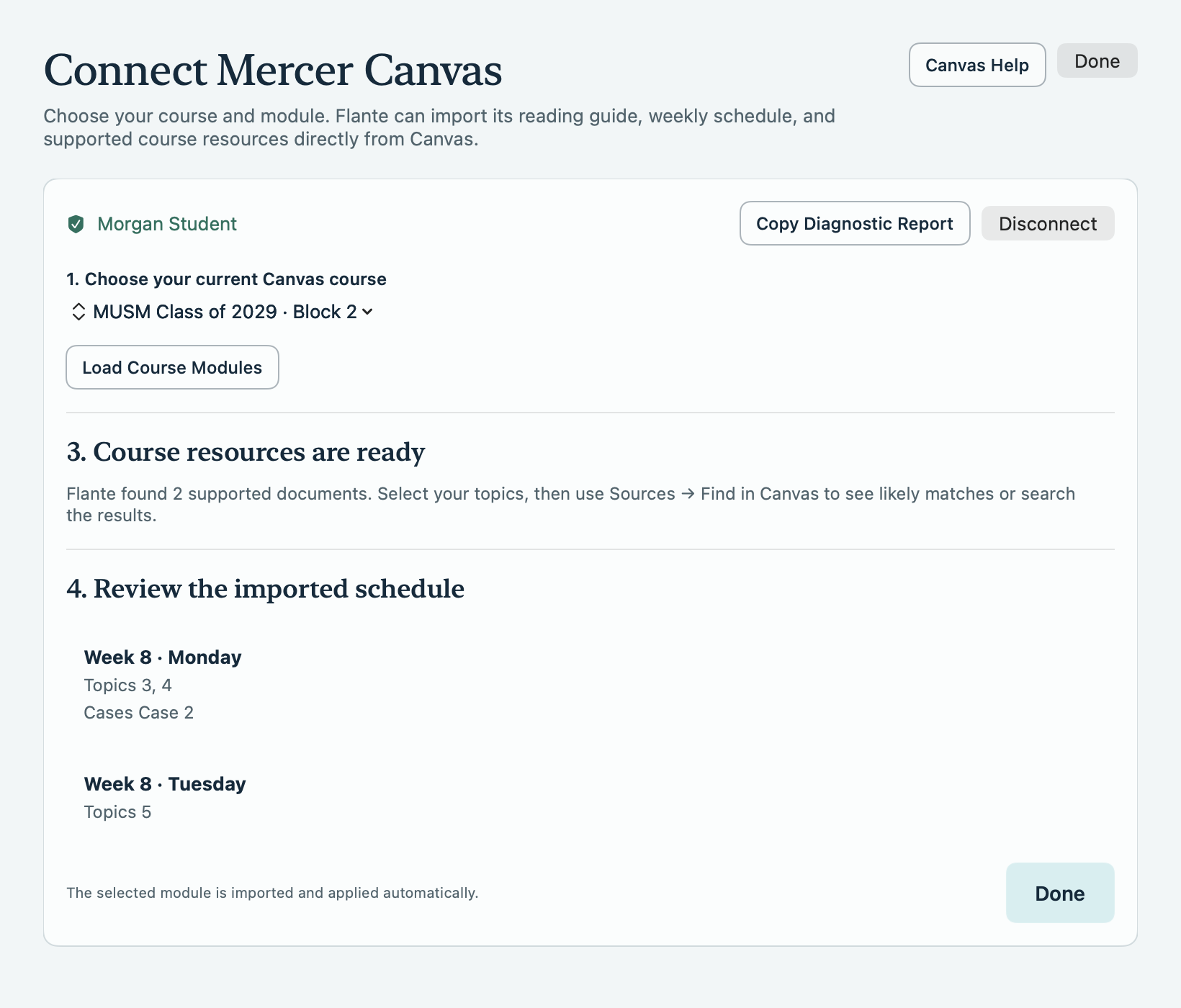 Flante listing supported course resources found in the selected Canvas course