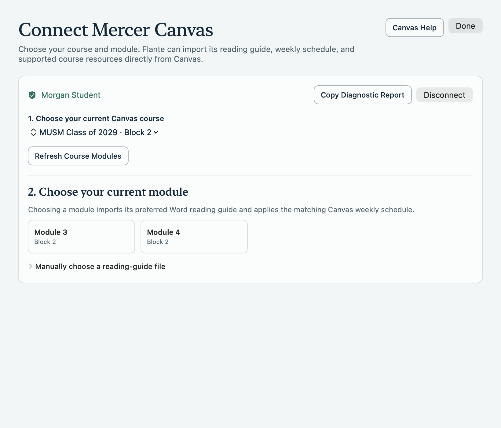 Flante connected to Mercer Canvas with a current course and module choices