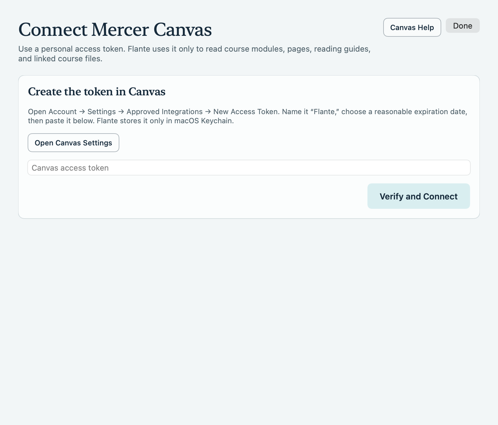 Flante’s Canvas connection window explaining how to create and enter a personal access token