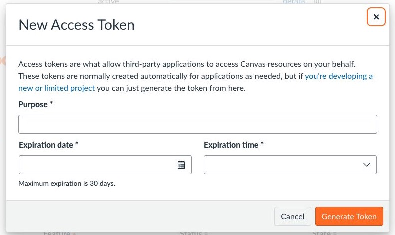 The Mercer Canvas form for naming a new access token and choosing its expiration